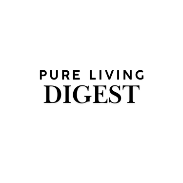 Minimalist black and white logo for Pure Living Digest, showcasing editorial recognition for lifestyle wellness products.
