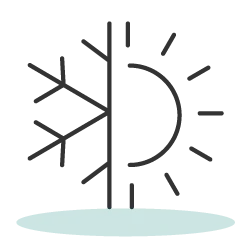 Professional icon symbolizing seasonal versatility, featuring a vertical division between a winter frost/snowflake pattern on the left and a warm, rising sun design on the right, resting on a pale blue ground.