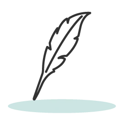 Simple vector icon featuring a stylized black outline of a feather quill pen resting on a light blue-green surface, symbolizing historical writing or professional content creation.