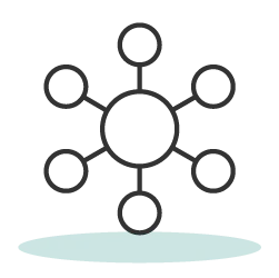 A professional graphic icon depicting a centralized hub, illustrated by a large circle connected by lines to six smaller surrounding circles, representing system integration and network connectivity.