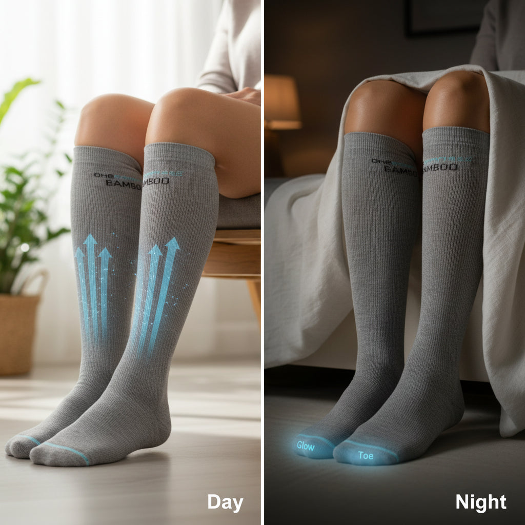 A split-screen comparison showing light blue compression socks being worn while resting on a lounge chair during the day and while sleeping in bed at night.